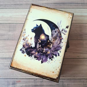 Gepersonaliseerde houten tarotkaartdoos Maan en zwarte kat Houten aandenkendoos Gotische tarotkaarthouder Hekserijcadeaus