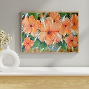Coral Hibiscus Flower Painting, Original Hand-Painted Vibrant Floral Wall Art for Home Decor, Tropical Gift for Flower Lovers