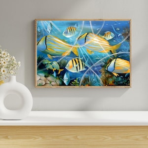 Decoração de parede abstrata com vida marinha, pintura colorida de peixes subaquáticos com recife de coral, arte marinha vibrante para presente de escritório em casa, amantes da vida marinha