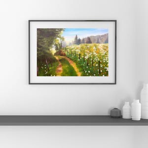 Original landscape painting, wildflower meadow path with rustic fence, decorative country wall art, perfect gift for nature lovers