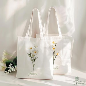Custom Birth Flower Canvas Bag, Personalized Name Bag, Cotton Canvas Tote Bag, Birthday Gift Bag, Gift for Best Friend, Birth Flower Gifts