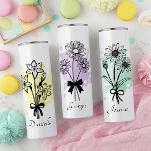 Personalized Birth Flower Tumbler, Custom Birth Flower Tumbler with Name, Bridesmaid Proposal Gifts, Birthday Gift Cup, Gift Tumbler for Her