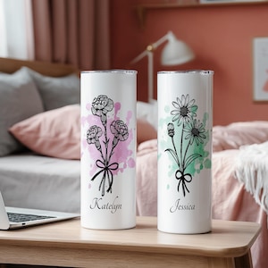Personalized Birth Flower Cup with Name, Custom Birth Flower 20 oz Tumbler, Bridesmaid Proposal Gift for Her, Bachelorette Party Favor Cup