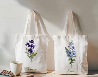 Custom Birth Flower Name Tote, Bachelorette Party Favors, Wedding Gift Bag, Mothers Day Gift, Birthday Gift Bag, Bridesmaid Proposal Gift