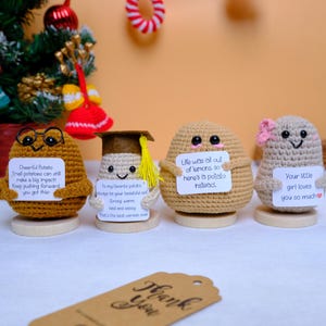 Puede incluir: Cuatro figuras de patatas tejidas a ganchillo con diferentes accesorios y mensajes. Una lleva gafas, otra un birrete de graduación, y las otras sostienen carteles. Los mensajes son inspiradores. Las patatas están sobre bases de madera.