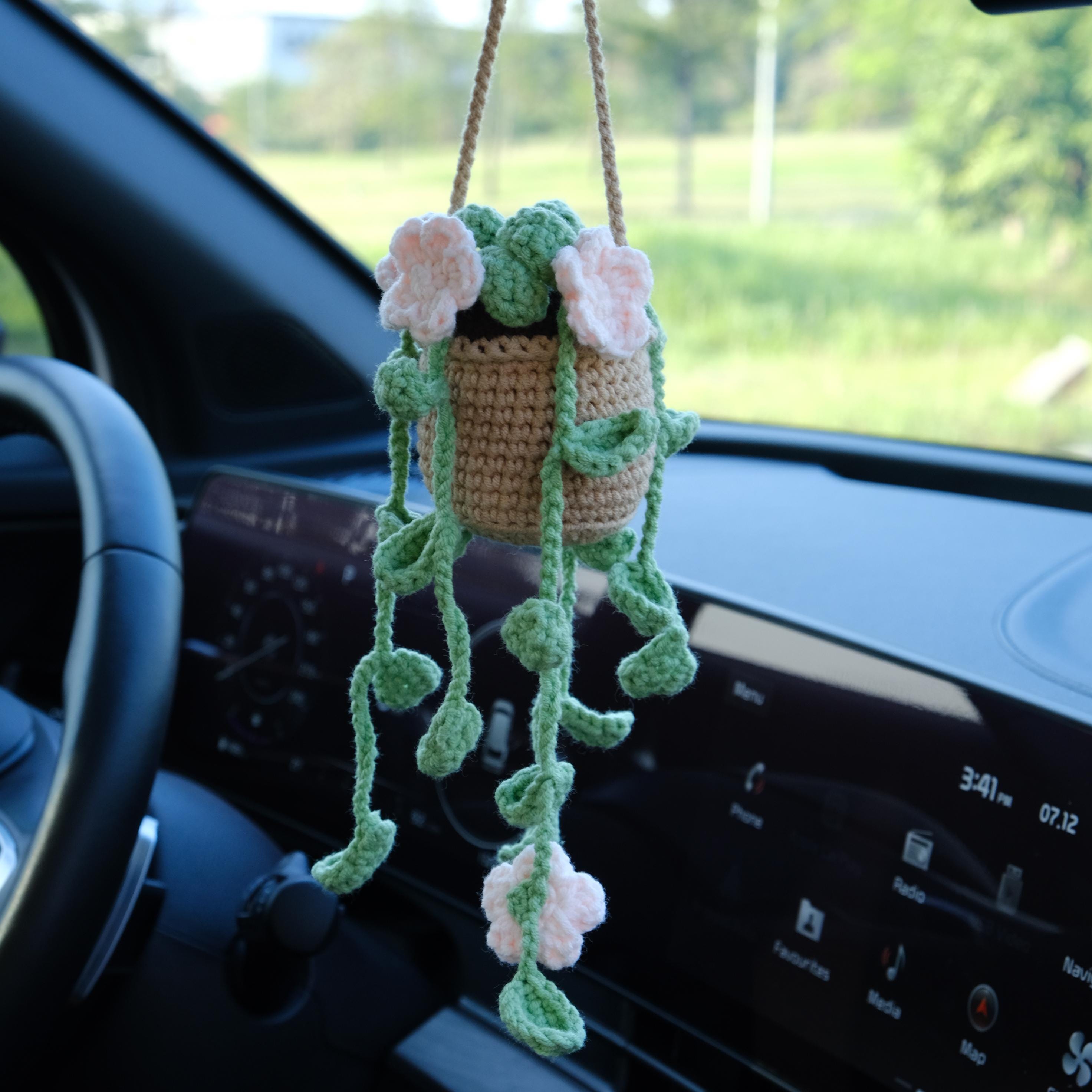 GORGECRAFT Plante Suspendue Au Crochet Voiture – Panier Plante Tricotée Main, Décoration Rétroviseur Mignonne
