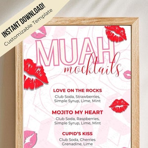 Carte des boissons MUAH Mocktails GALENTINE's Day, menu personnalisable Romance XOXO Bar, Kiss Mark sur le thème Saint-Valentin fichier numérique
