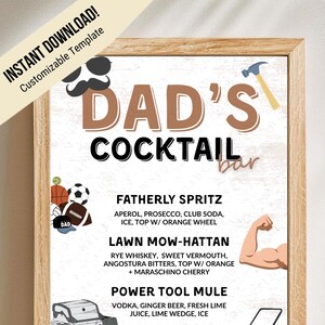 DAD'S Cocktailbar Lustige Vatertagsgetränke, Comical Dad Themed Cocktailmenü, Dad Puns Signature Drinks Printable, BBQ Party Editierbares Schild