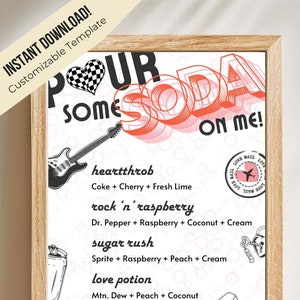 Menu numérique pour sodas Pour Some Soda On Me, bar à boissons romantique amour, enseigne de bar à soda sur le thème pop rock rétro des années 80 pour les fêtes, SODA POP rock and roll