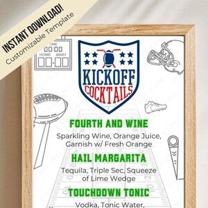 KICKOFF COCKTAILS Vorlage, Super Bowl Spiel-Getränkekarte, Fußball-Themen-Cocktails, alkoholische Fußball-Partygetränke, Super Bowl-Getränkeschild