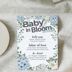 BABY in BLOOM Boy Soda Menu Pobierz, Baby Boy Chic Olive Baby Shower, Baby Boy DIY Sodalicious Bar, Niebieski kwiatowy znak informujący o płci dziecka,