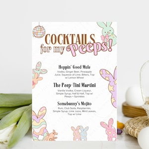 Koktajle dla moich ludzi, Zabawne menu drinków o tematyce wielkanocnej z boho króliczkiem, Wiosenna lista drinków do wydrukowania, Wielkanoc Peep-Tini do pobrania