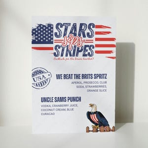Stars Sips Stripes Cocktail Bar Menü, Bunt gestreiftes Cocktail Schild zum Ausdrucken, USA 4