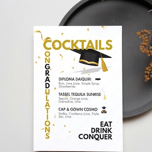 Cardápio do bar de coquetéis ConGRADulations, placa de coquetel para impressão para formatura, bar de bebidas alcoólicas faça você mesmo, ideias de bebidas para festas de faculdade, decoração de formatura em ouro preto