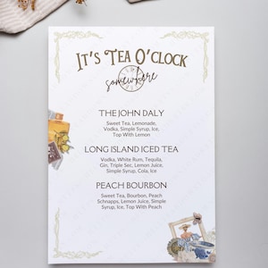 "Es ist Tea O'Clock Somewhere Boujee Dinner Party Ausdruck, Bridgerton-inspirierter Tee-Menü-Download, druckbare Tee-Getränkeliste für die Teezeit