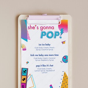Modèle de baby shower sur le thème rétro She's Gonna Pop, menu des boissons inspiré de la musique pop imprimable, enseigne de bar soda italien sur le thème de la grossesse