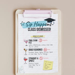 Cardápio de Coquetel de Formatura da Sip Happens, Festa de Formatura da Fraternidade, Estação de Bebidas para Formatura para Imprimir, Lista de Bebidas com o Tema "Escolas Fora"
