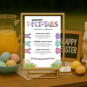 Hop-Tails Cocktails Easter Menu, Easter Bunny Bar Sign, Spring Themed DIY Mixed Drinks Bar, Printable Easter Drink List for Cocktails Party