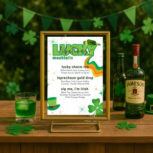 Menú digital de cócteles sin alcohol para el Día de San Patricio, plantilla para barra de cócteles irlandeses, decoración de bar con duendes para el Día de San Patricio, bebidas de la suerte