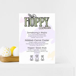 Hoppy Hour Hasen-Cocktails Ostern Getränke Vorlage, Hasen-Silhouette Getränk Schild, Frühling Mocktails, Ostern Happy Hour Party-Menü-Schild
