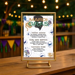 Mardi Gras Celestial Cocktails Bar Sign, Cosmic Carnival Menu, Fat Tuesday KREWE Drinks, Green & Gold MASQUERADE PARTY, Moon Over Mardi Gras