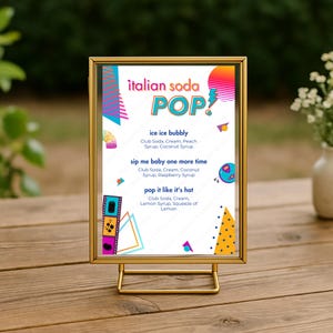 RETRO italienisches Soda Pop digitales Getränkeschild, herunterladbare Popmusik-inspirierte Getränkekarte, Throwback 90er und 2000er Party, DIY italienische Sodabar