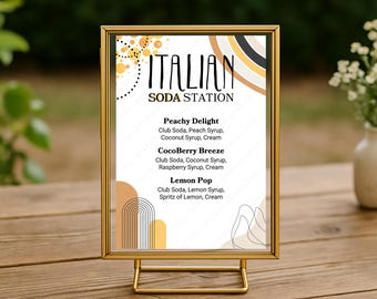 Italiaans frisdrankstation thuis Feestmenu, afdrukbare Italiaanse frisdranklijst voor meerdere doeleinden, leuke doe-het-zelf frisdrankbar, feestideeën in bohostijl, tropische frisdranken, tropische frisdranken
