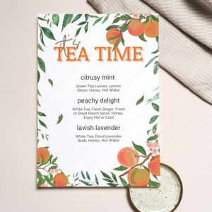 Es ist TEA TIME Pfirsich-Themen-Tee-Party-Menü, Frühling Eis oder heißer Tee-Menü, Südländer Charme Trinkliste, Brautdusche DIY Tee-Bar Sofort-Download