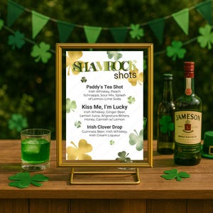 SHAMROCK SHOTS Druckbare St. Patrick's Day Spirituosenliste, schicke minimalistische irische Getränkekarte, St. Paddy's Trinkparty, DIY Spirits Bar