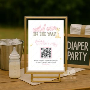 Wild One Baby Shower Diaper Fund 8x10 & A4 Sign, Giraffe Theme QR Code Poster, Pink Editable Venmo QR Sign, Girl Diaper Party Gift Table Art