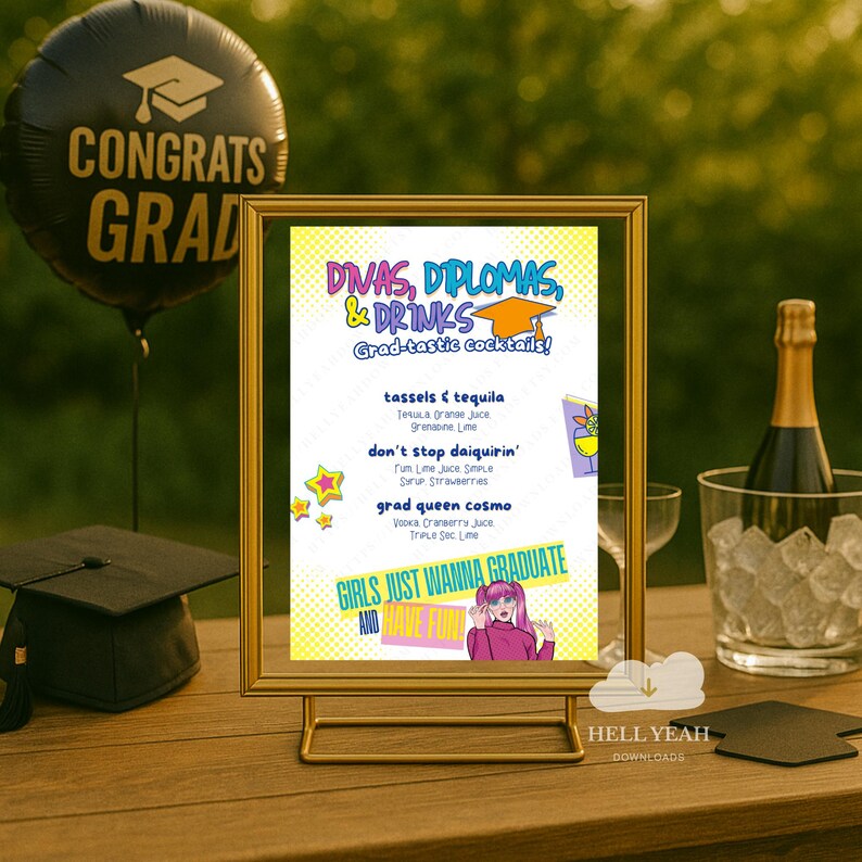 Fun Grad Signs Divas Diplomas & Drinks Cocktail Bar, 80s Retro Girls Grad Party Sign ...