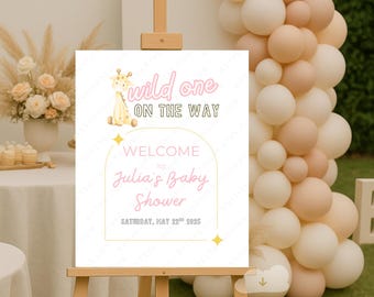 16x20 & 18x24 Wild One Baby Shower Welcome Poster for Easel, Customizable Welcome Baby Girl Yard Sign PDF, Pink Giraffe Safari Baby Shower