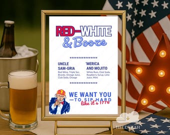 Red White and BOOZE Bar Menu Printable, Comical July 4th Sip Hard Liquor Bar, USA Themed Cocktail Sign Instant Download, Uncle Sam Sips Menu