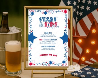 Stars & Sips COCKTAIL Menu, Printable Fourth of July Drink Station Sign, Independence Day Party Drink Ideas, Signature 4th of July Cocktails
