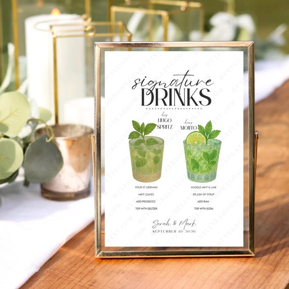 HIS Hugo Spritz HERS Mojito Signature Drinks, Printable Drink Card