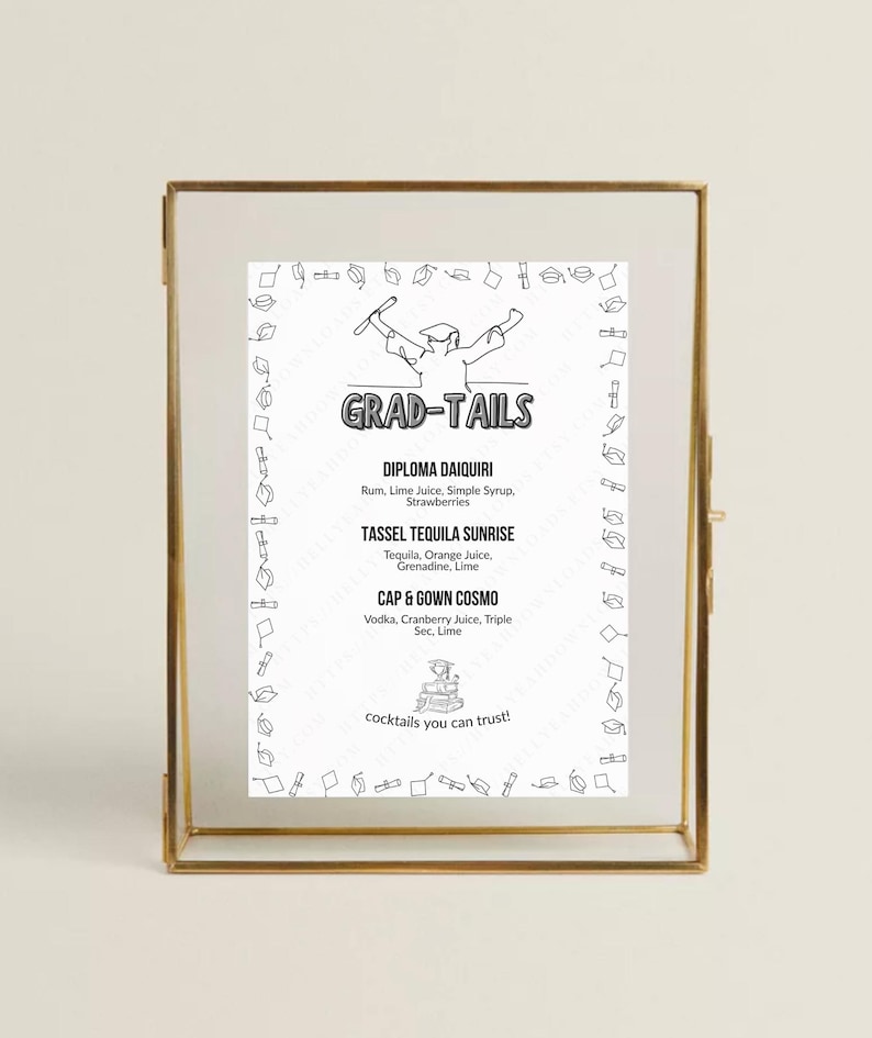 Grad-tails Raised Fists Pdf Bar Menu, Funny Graduation Drink Sign ...