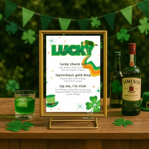 Menú de bebidas DIY LUCKY LIBATIONS de San Patricio, plantilla para cócteles y cócteles sin alcohol irlandeses, fiesta de cócteles para el día de San Patricio, tema de duende para la noche de las damas