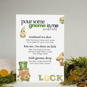 Gießen Sie einige Gnome in mir MOCKTAILS-Menü, St. Patrick's Day irische GNOME-THEMEN-Getränkeliste, Idee für alkoholfreie Getränke für die St. Patrick's Day Party