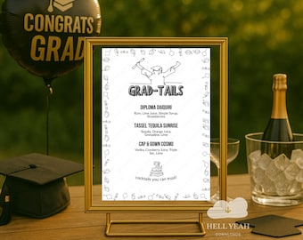 Grad-Tails Raised Fists Pdf Bar Menu, Funny Graduation Drink Sign, College Party Bar Menu, Printable Grad Decor, Diy Alcohol Sign For Grads