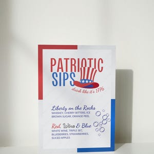 Menu du bar à cocktails PATRIOTIC SIPS pour le 4 juillet, enseigne de la station de boissons du 4 juillet, menu imprimable du bar barbecue, boisson comme si c'était 1776 cocktails USA
