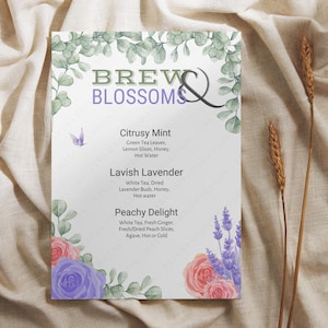 BREW & BLOSSOMS Teekarte, Tee-Party-Gastgeber, Blumen Frühling Kräutertee Schild, druckbares DIY Teestation Schild, Brautdusche Tee, Gartenparty Tee