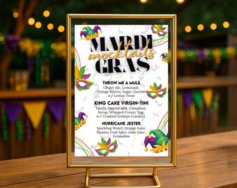 Mardi Gras Maski Bezalkoholowe DIY Drukowalny Znak Barowy, Mardi Gras Mocktail Bar Menu Szablon, Drukowalna Lista Napojów, Pomysły Na Maskaradę Na Domowe Przyjęcie