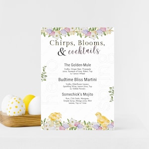 Carte de bar à faire soi-même Chirps Blooms et Mocktails, liste de boissons printanières sur le thème de Pâques, enseigne florale de bar à cocktails, carte de boissons de fête imprimable pour bébé poussin