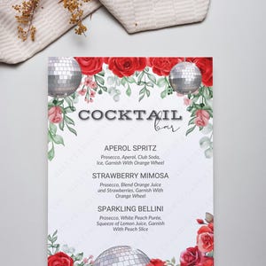 DISCO und FLORAL COCKTAIL Bar druckbares Menü, Prosecco-Weinparty, Bachelorette Bar Dekor, Brautdusche Getränke, Weinkarte Digitale Downloads