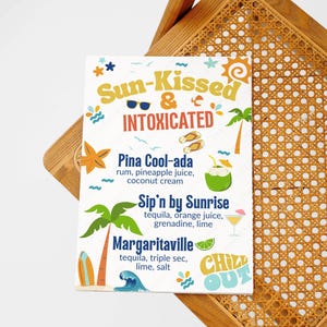 Modèle de menu de bar à cocktails tropical ensoleillé et ivre, enseigne pour boisson fête sur la plage, station margarita d'été bricolage, idées de bar fête sur la plage