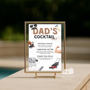 May include: A gold-framed sign with the text "DAD'S COCKTAIL bar" and cocktail recipes. The sign includes illustrations of a mustache, sunglasses, a hammer, a football, and a weightlifter's arm. The sign is on a gold stand.