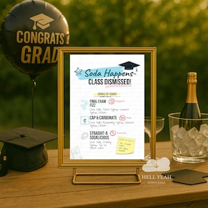 SODA HAPPENS Class Dismissed, Fun School Classwork Themed Italian Soda, Grad-Themed DIY Dirty Soda Bar, Whimsical Graduation Party Soda Menu