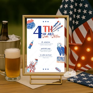 4th of July Soda Station Template, patriotic soda mixing menu, DIY Dr Pepper Sprite Coke bar setup, printable USA barbecue party drink sign