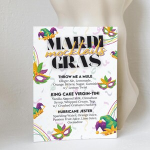 Karneval Masken Mocktails DIY druckbares Bar Schild, Mardi Gras Mocktail Bar Menü Vorlage, druckbare Getränkeliste, Hausparty Maskerade Ideen
