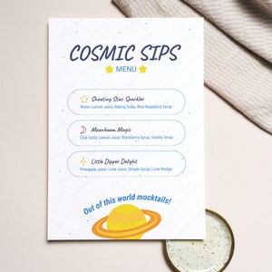 Téléchargement immédiat du menu sans alcool Cosmic Sips, boissons pour faire la fête dans l'espace, baby shower sur le thème de la planète, fête inspirée de la galaxie, anniversaire d'une préadolescente dans l'espace